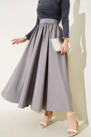 Gray Flared Taffeta Skirt