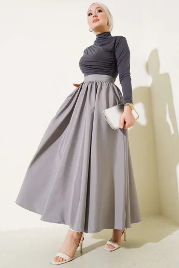 Gray Flared Taffeta Skirt