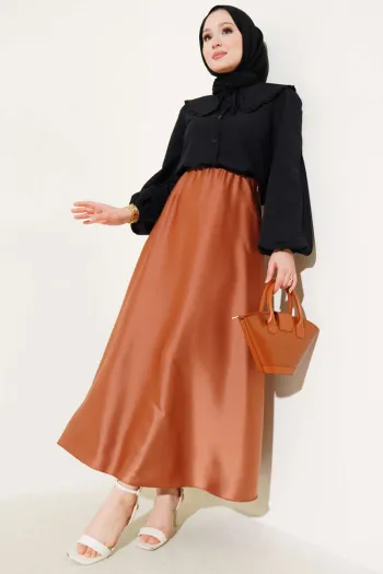 Pleated Satin Midi Skirt in Latte