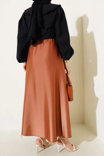 Pleated Satin Midi Skirt in Latte