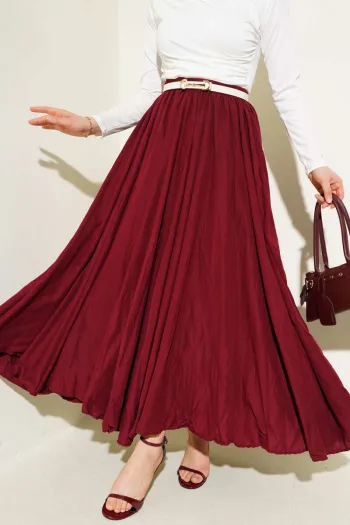 Deep Red High-Waisted Pleated Midi Skirt