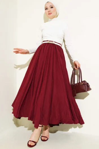 Deep Red High-Waisted Pleated Midi Skirt