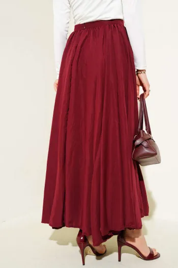 Deep Red High-Waisted Pleated Midi Skirt