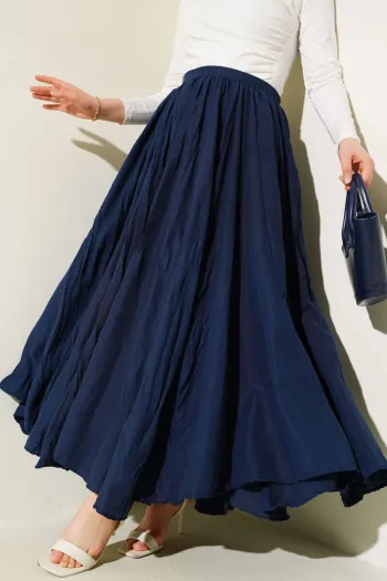 Navy Blue Pleated Skirt with Belt and Zipper