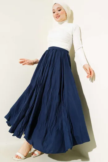 Navy Blue Pleated Skirt with Belt and Zipper