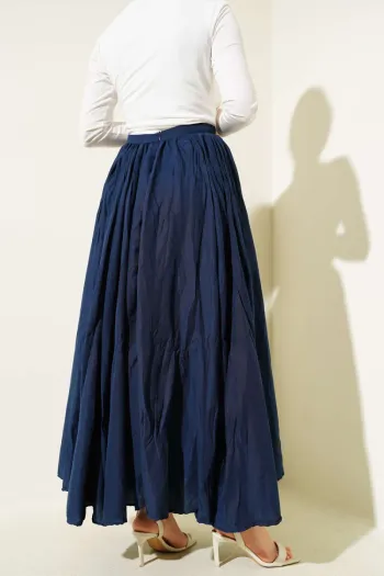 Navy Blue Pleated Skirt with Belt and Zipper