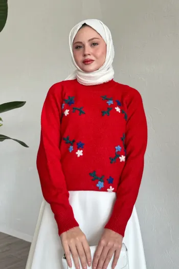 Floral Embroidered Cozy Sweater Red