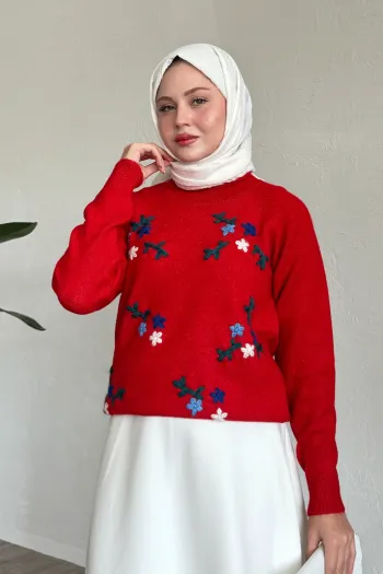 Floral Embroidered Cozy Sweater Red