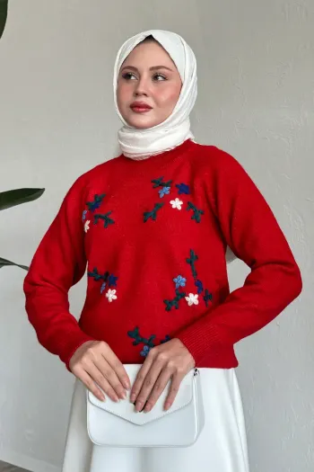 Floral Embroidered Cozy Sweater Red