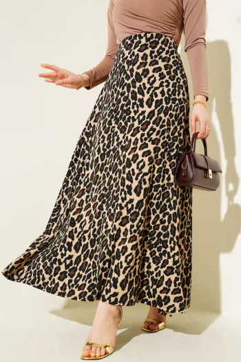 Camel Leopard Print Flared Skirt