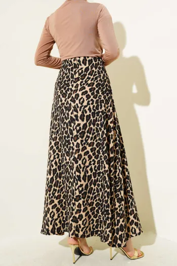 Camel Leopard Print Flared Skirt