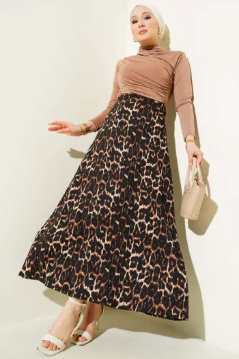 Brown Leopard Print Flared Skirt