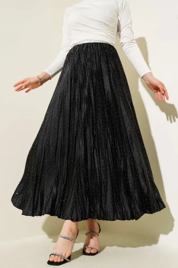 Mini Beaded Pleated Satin Skirt Black