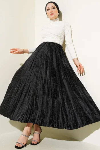 Mini Beaded Pleated Satin Skirt Black