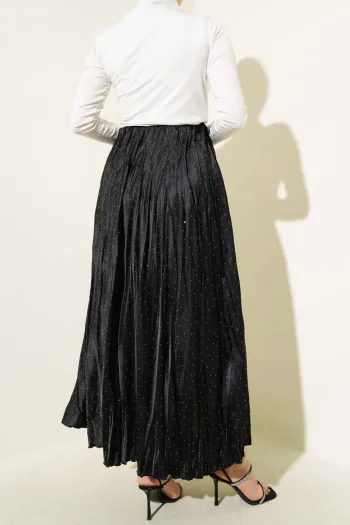 Mini Beaded Pleated Satin Skirt Black