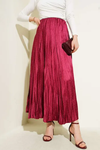 Burgundy Pleated Satin Skirt with Mini Stones