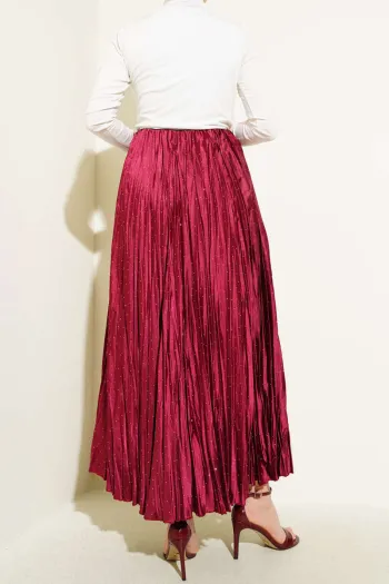Burgundy Pleated Satin Skirt with Mini Stones