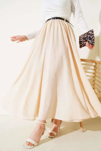 Beige Belted Zippered Pleated Skirt