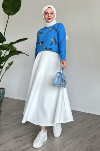 Floral Embroidered Plush Sweater Blue