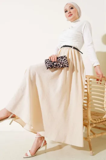Beige Belted Zippered Pleated Skirt