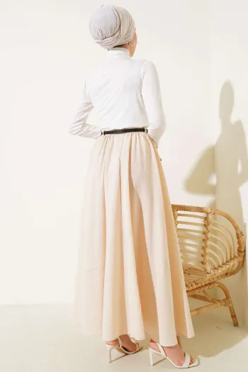 Beige Belted Zippered Pleated Skirt