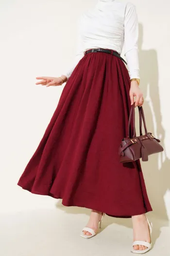 Belted Pleated Skirt with Zip in Burgundy