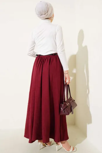 Belted Pleated Skirt with Zip in Burgundy