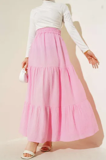 Pleated Muslin Skirt with Elastic Waist in Pink
