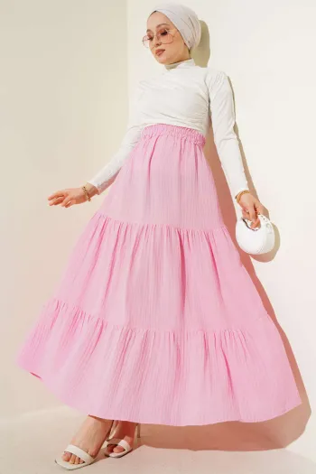 Pleated Muslin Skirt with Elastic Waist in Pink