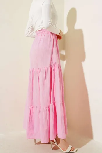 Pleated Muslin Skirt with Elastic Waist in Pink