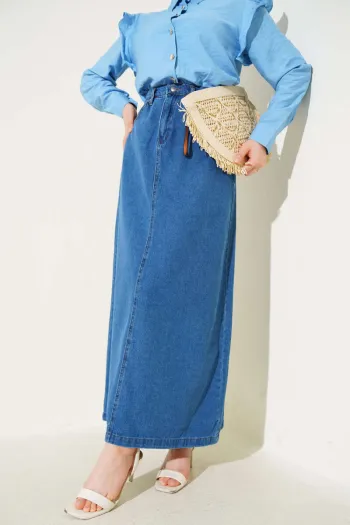 Buttoned Pocket Denim Skirt in Denim Blue