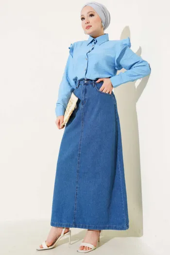 Buttoned Pocket Denim Skirt in Denim Blue
