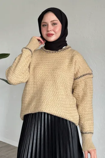 Camel Brown Sweater with Detailed Design