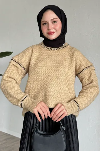 Camel Brown Sweater with Detailed Design