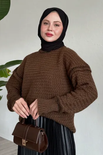 Biye Detailed Brown Fleece Sweater