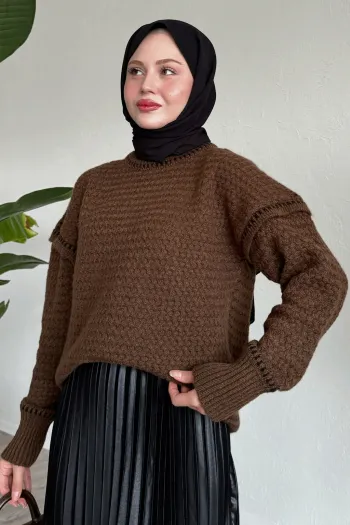 Biye Detailed Brown Fleece Sweater