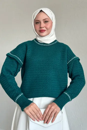 Detailed Fleece Sweater in Petrol Green