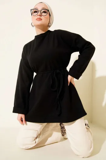 تونك بياقة دراجة مع رباط - أسود