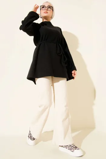 تونك بياقة دراجة مع رباط - أسود