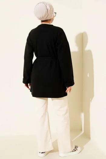 تونك بياقة دراجة مع رباط - أسود