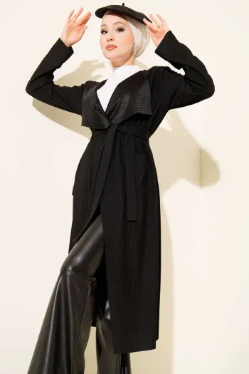 كاردigans طويل مع جيوب وحزام - أسود