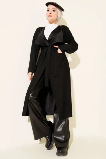 كاردigans طويل مع جيوب وحزام - أسود