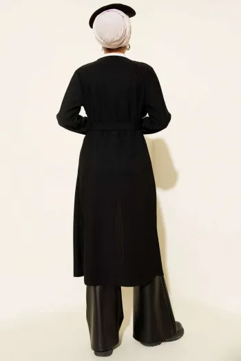 كاردigans طويل مع جيوب وحزام - أسود