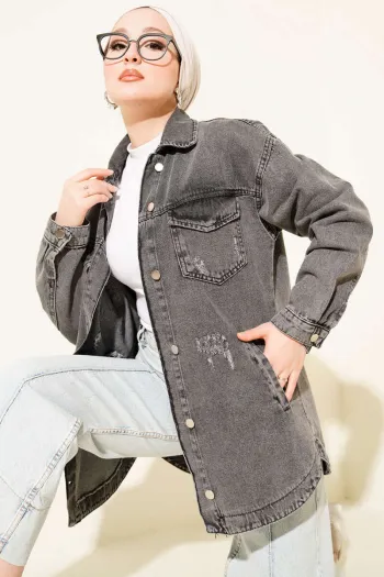 جاكيت جينز ممزق بجيب مزدوج - رمادي داكن