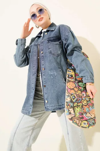 جاكيت دينيم أزرق مزخرف بجيب مزدوج