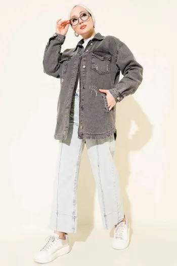 جاكيت جينز ممزق بجيب مزدوج - رمادي داكن