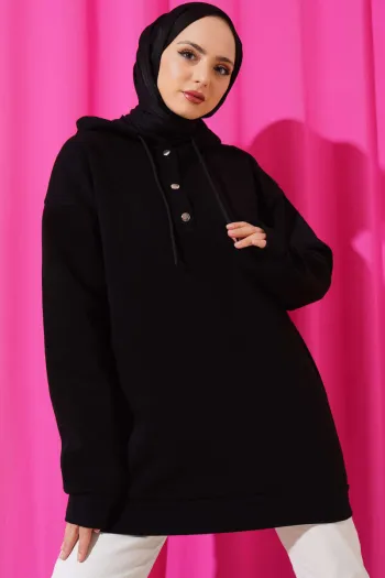 سويت شيرت نصف كُبس من ثلاثة خيوط - أسود