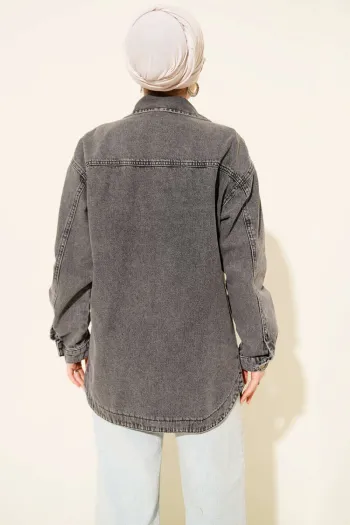 جاكيت جينز ممزق بجيب مزدوج - رمادي داكن