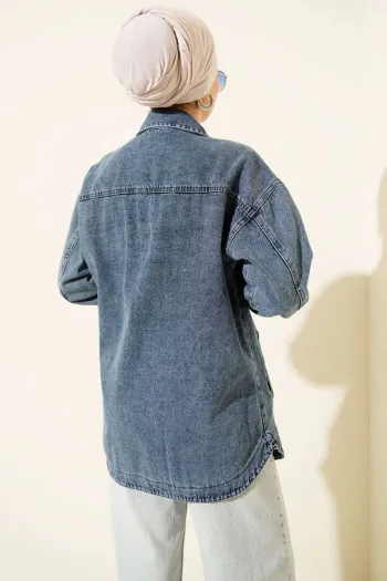 جاكيت دينيم أزرق مزخرف بجيب مزدوج