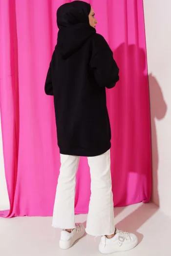 سويت شيرت نصف كُبس من ثلاثة خيوط - أسود